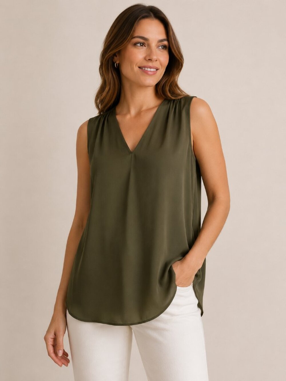 Banana Republic -Olive Green V-Neck Sleeveless Blouse-XL Tall